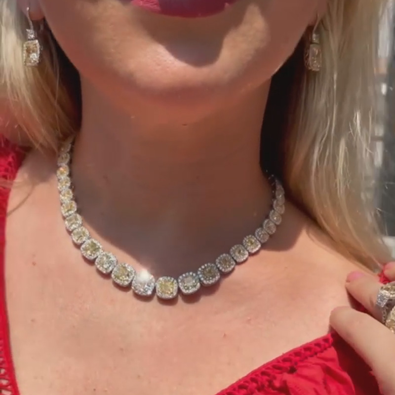 59ctw Cushion Cut Fancy Yellow Sapphire Halo Handmade Necklace