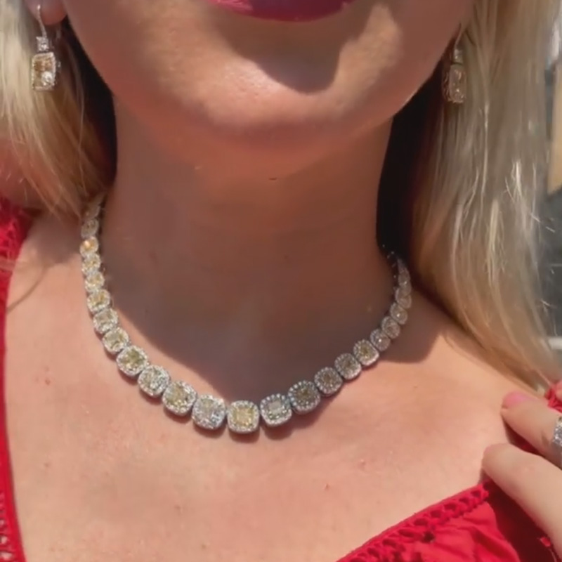 59ctw Cushion Cut Fancy Yellow Sapphire Halo Handmade Necklace