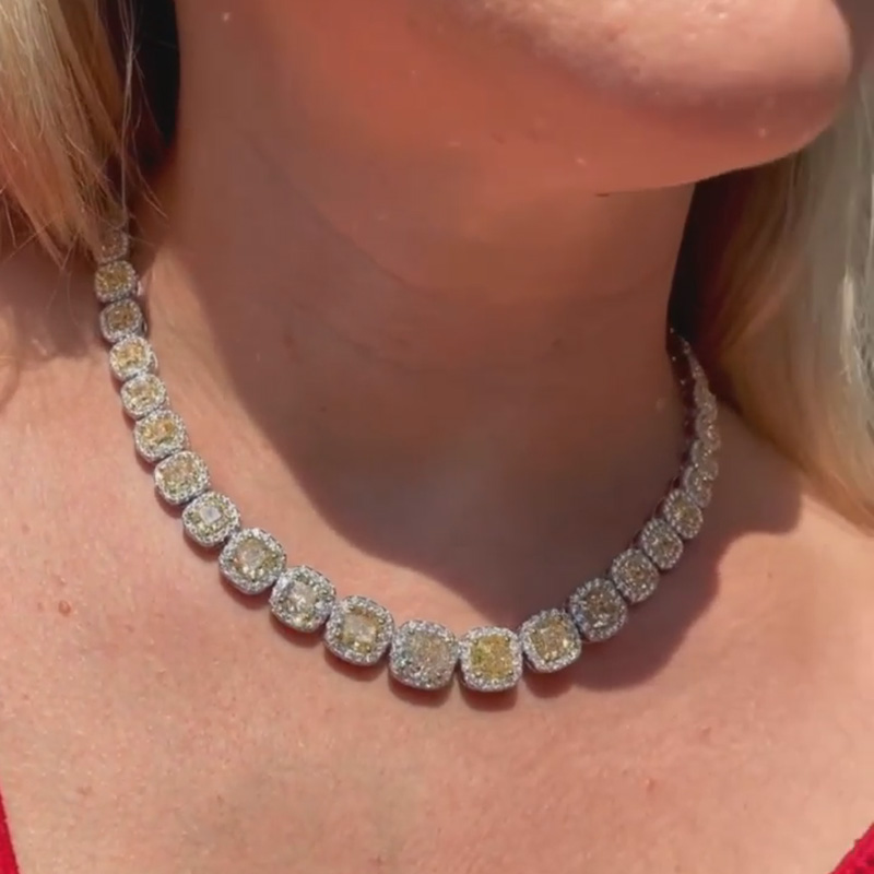 59ctw Cushion Cut Fancy Yellow Sapphire Halo Handmade Necklace