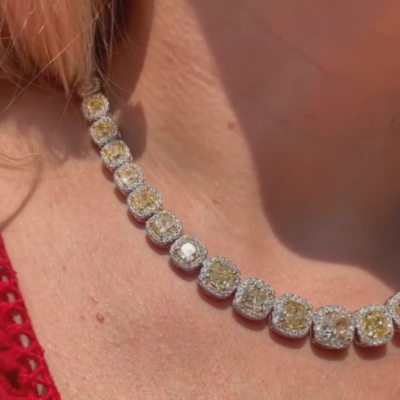 59ctw Cushion Cut Fancy Yellow Sapphire Halo Handmade Necklace