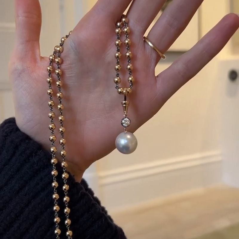 Round Cut White Sapphire Mermaid Treasures Pearl Ball Chain Rose Gold Necklace