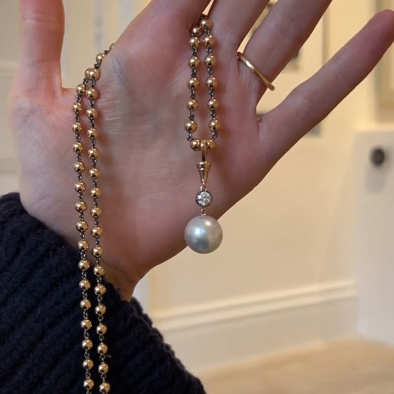 Round Cut White Sapphire Mermaid Treasures Pearl Ball Chain Rose Gold Necklace