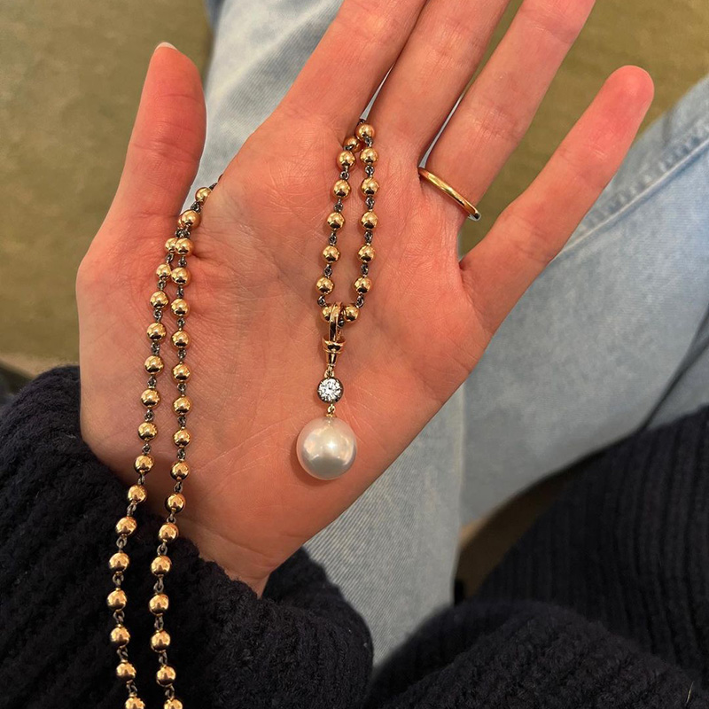 Round Cut White Sapphire Mermaid Treasures Pearl Ball Chain Rose Gold Necklace