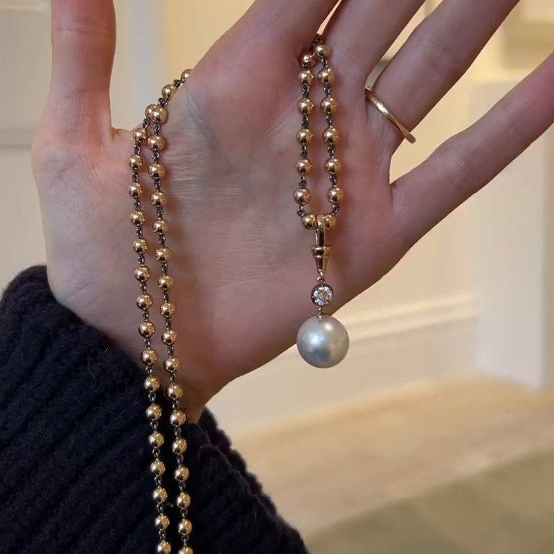 Round Cut White Sapphire Mermaid Treasures Pearl Ball Chain Rose Gold Necklace