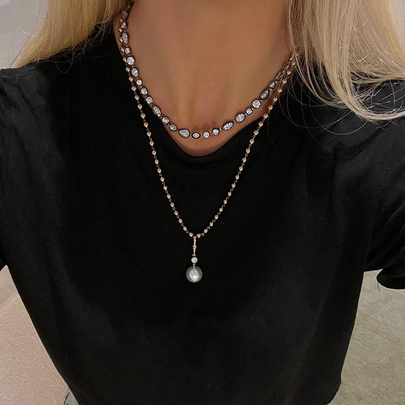 Round Cut White Sapphire Mermaid Treasures Pearl Ball Chain Rose Gold Necklace