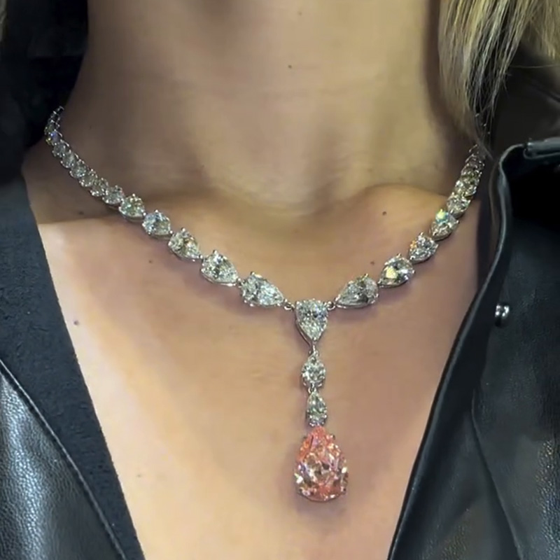 68ctw Pear Cut White & Pink Sapphire Handmade Pendant Necklace