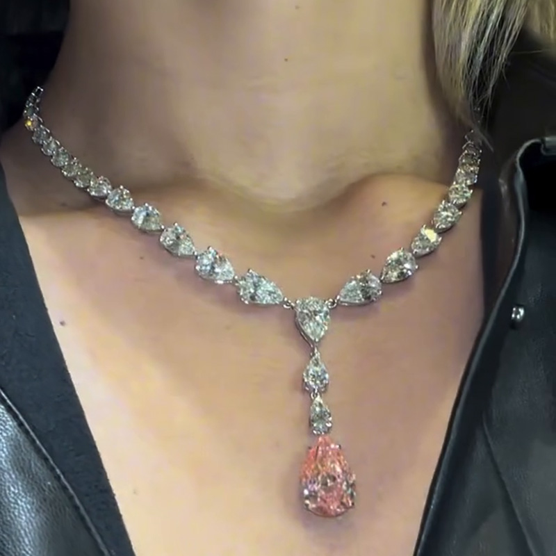 68ctw Pear Cut White & Pink Sapphire Handmade Pendant Necklace