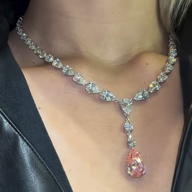 68ctw Pear Cut White & Pink Sapphire Handmade Pendant Necklace