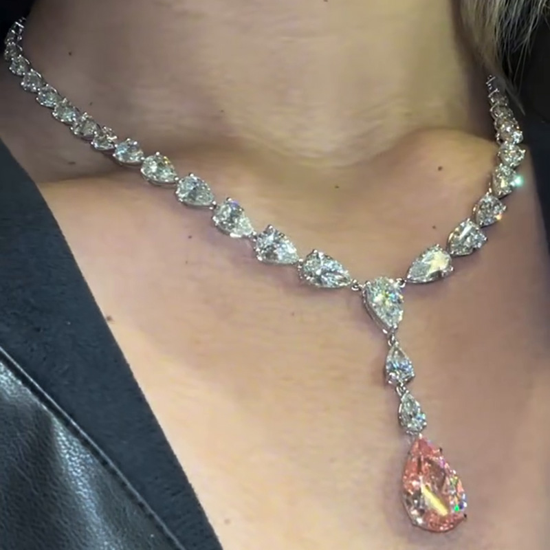 68ctw Pear Cut White & Pink Sapphire Handmade Pendant Necklace