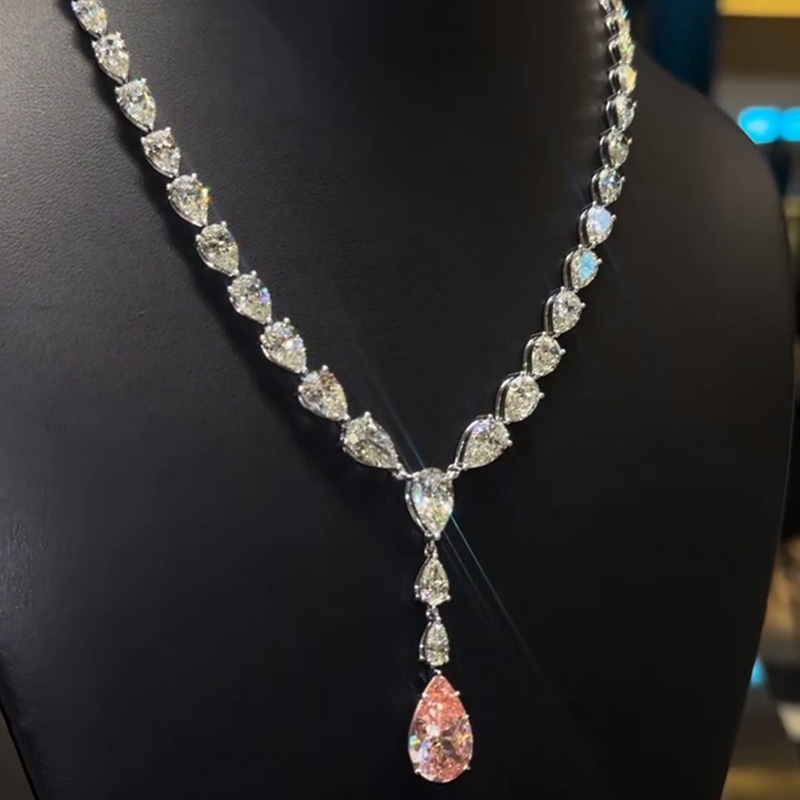 68ctw Pear Cut White & Pink Sapphire Handmade Pendant Necklace