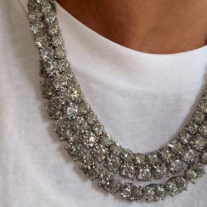 230ctw Round & Oval Cut White Sapphire Layered Men's Tennis Chain Necklace