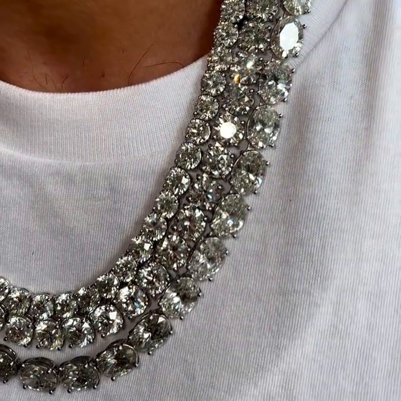 230ctw Round & Oval Cut White Sapphire Layered Men's Tennis Chain Necklace