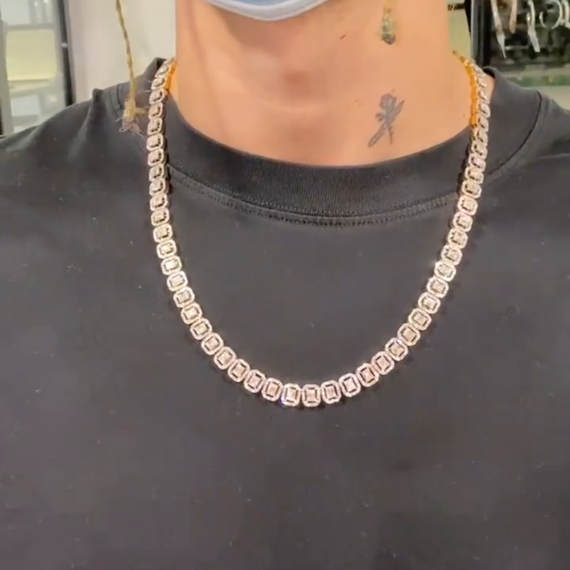 Princess Cut White Sapphire Halo Sparkle Handmade Sterling Silver Men's Chain