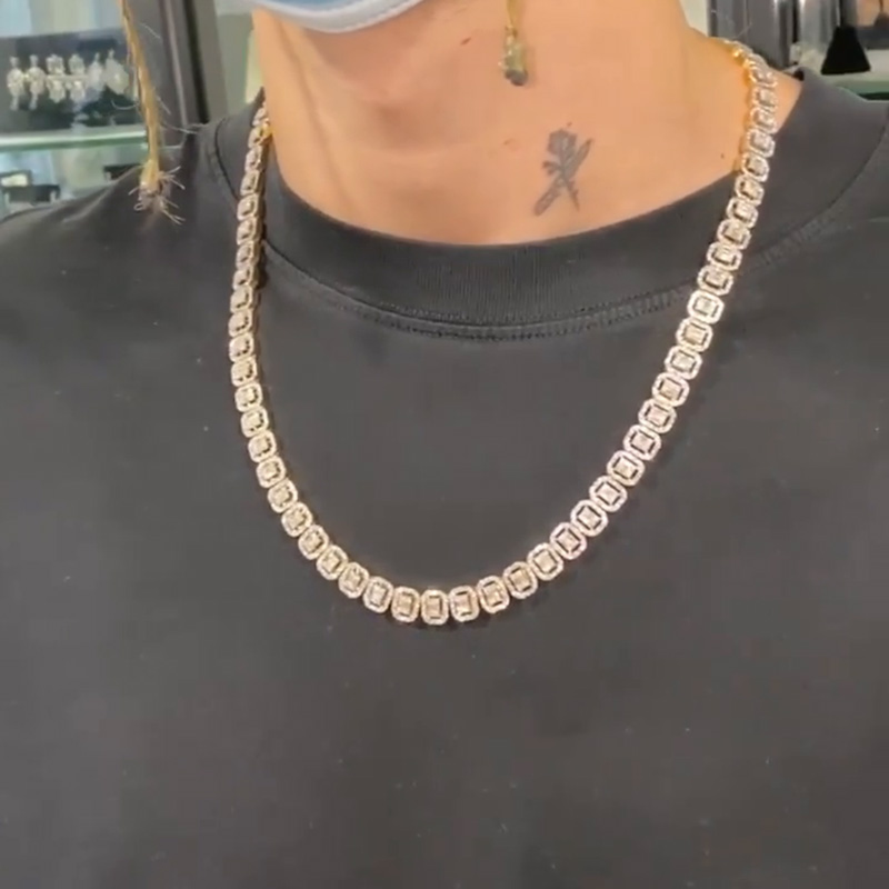 Princess Cut White Sapphire Halo Sparkle Handmade Sterling Silver Men's Chain