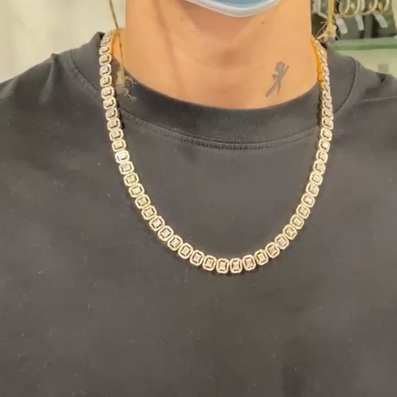 Princess Cut White Sapphire Halo Sparkle Handmade Sterling Silver Men's Chain