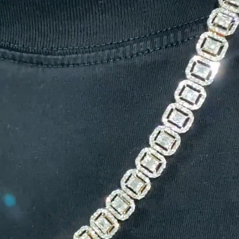 Princess Cut White Sapphire Halo Sparkle Handmade Sterling Silver Men's Chain