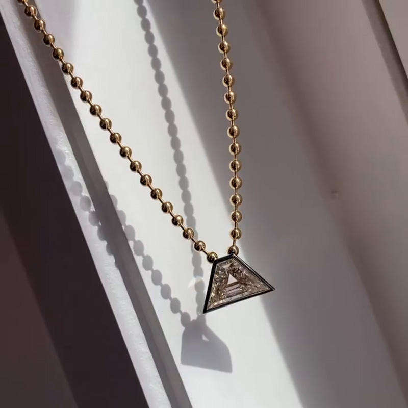 4ct Pyramid Shape White Sapphire Ball Chain Handmade Sterling Silver Necklace In Yellow Gold