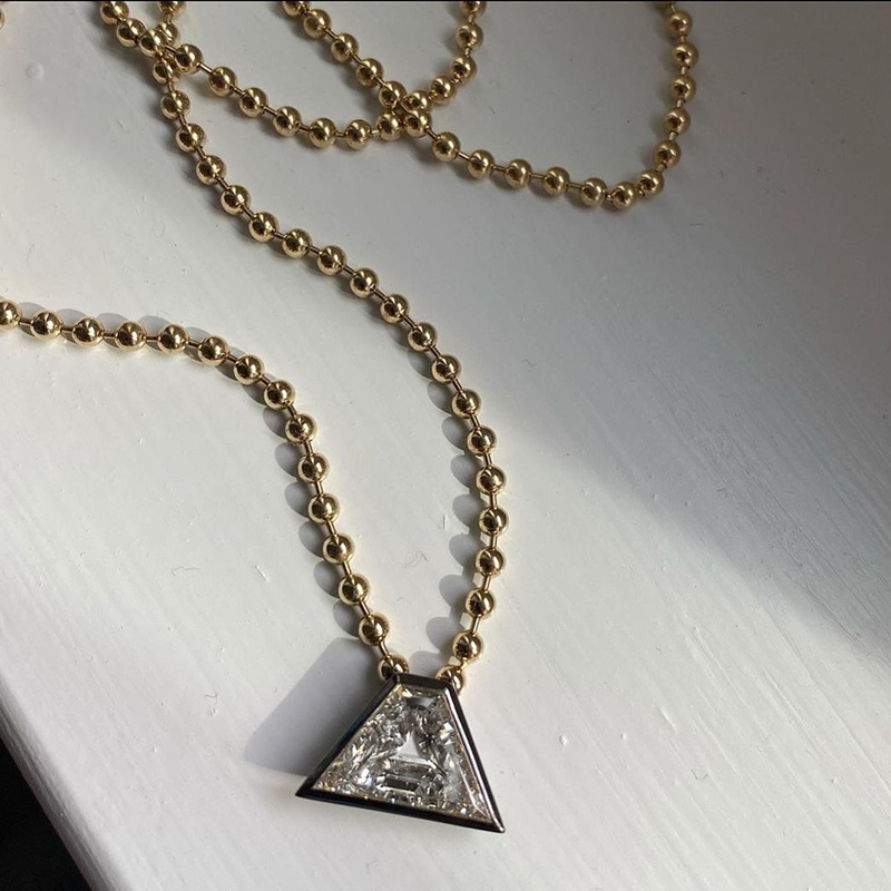 4ct Pyramid Shape White Sapphire Ball Chain Handmade Sterling Silver Necklace In Yellow Gold