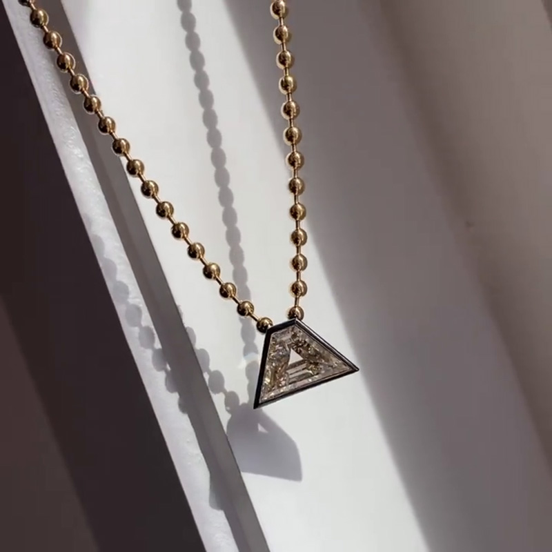 4ct Pyramid Shape White Sapphire Ball Chain Handmade Sterling Silver Necklace In Yellow Gold