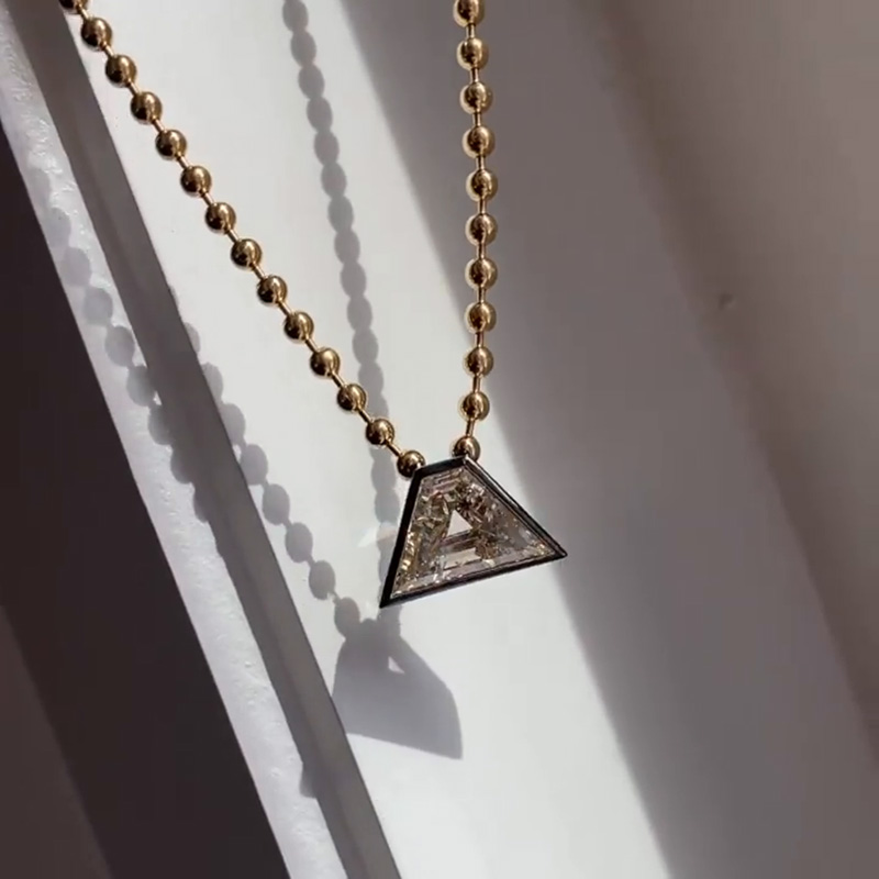 4ct Pyramid Shape White Sapphire Ball Chain Handmade Sterling Silver Necklace In Yellow Gold