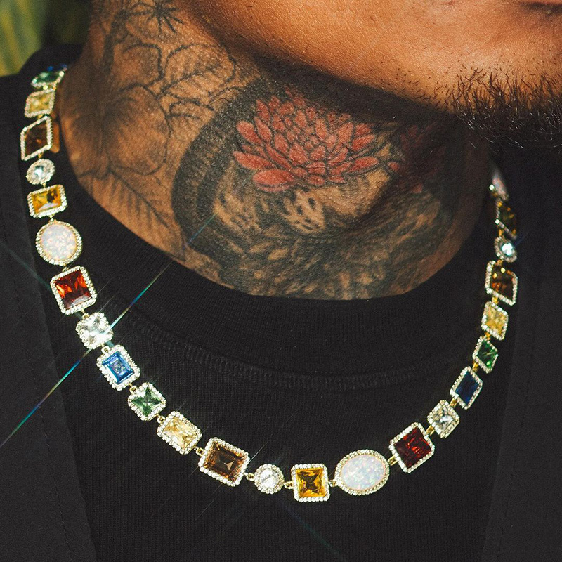 Multi-Cut Colorful Sapphires Halo Handmade Men's Necklace In Yellow Gold