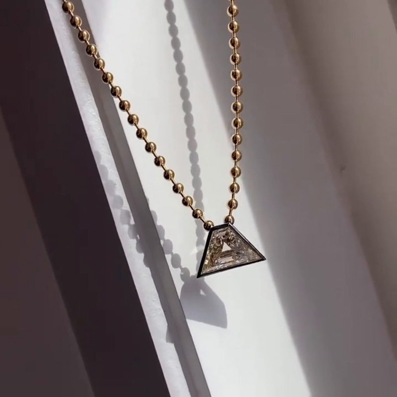 4ct Pyramid Shape White Sapphire Ball Chain Handmade Sterling Silver Necklace In Yellow Gold