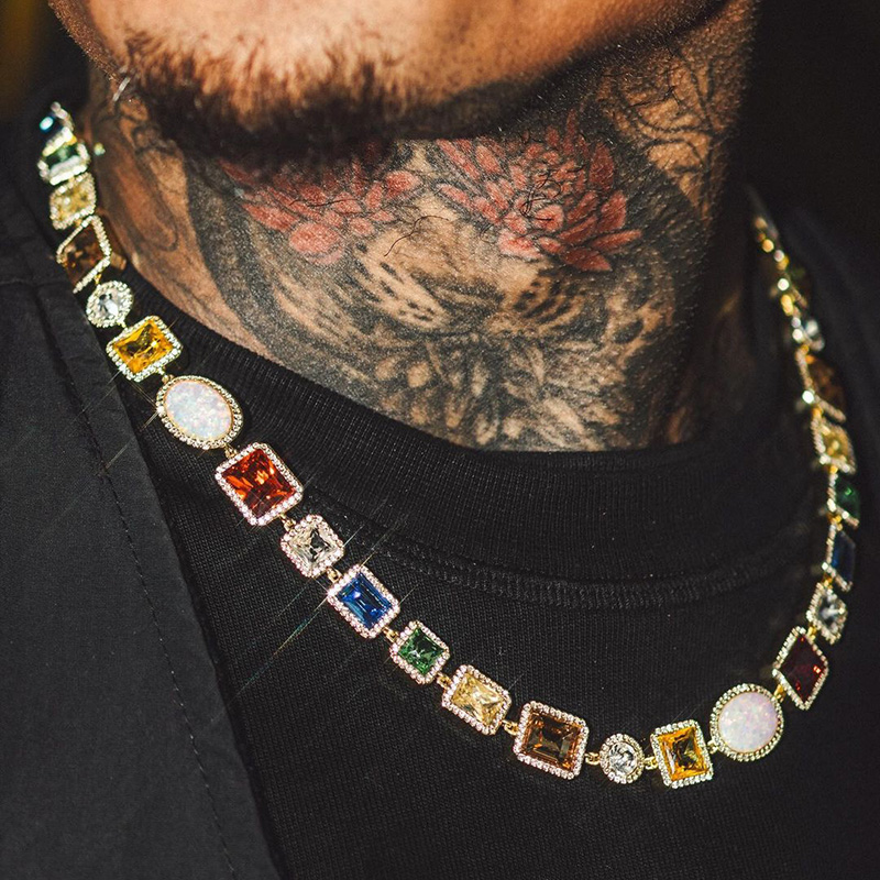 Multi-Cut Colorful Sapphires Halo Handmade Men's Necklace In Yellow Gold