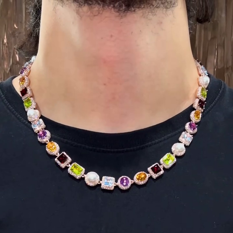 97.6ctw Multi-Shape Cut Peridot Garnet Citrine Amethyst Blue Sapphire & Pearls Halo Rose Gold Men's Necklace