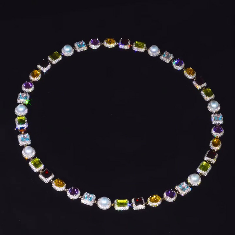 97.6ctw Multi-Shape Cut Peridot Garnet Citrine Amethyst Blue Sapphire & Pearls Halo Rose Gold Men's Necklace