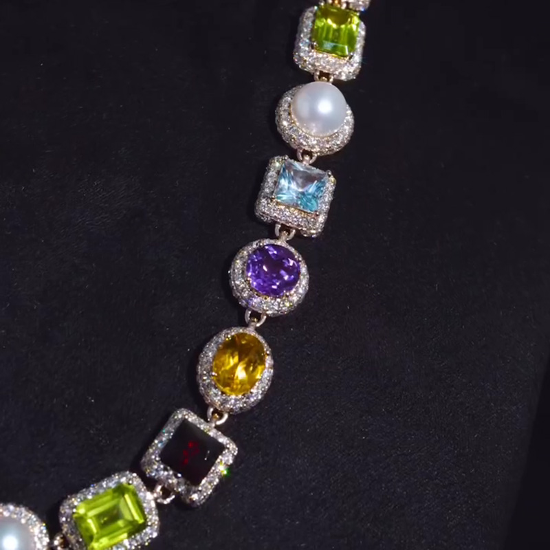 97.6ctw Multi-Shape Cut Peridot Garnet Citrine Amethyst Blue Sapphire & Pearls Halo Rose Gold Men's Necklace