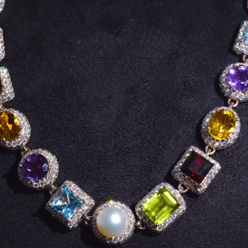 97.6ctw Multi-Shape Cut Peridot Garnet Citrine Amethyst Blue Sapphire & Pearls Halo Rose Gold Men's Necklace