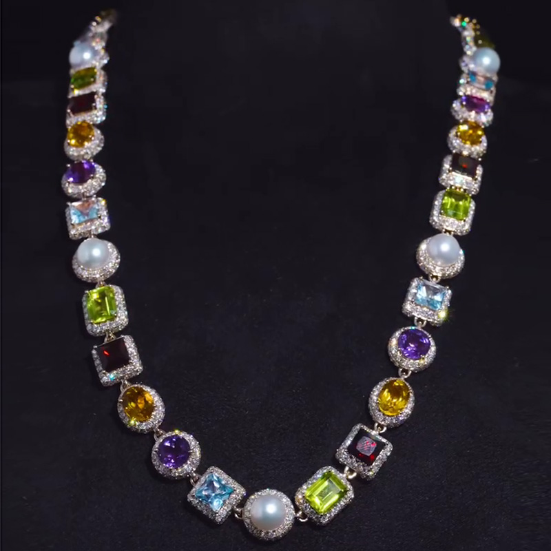 97.6ctw Multi-Shape Cut Peridot Garnet Citrine Amethyst Blue Sapphire & Pearls Halo Rose Gold Men's Necklace