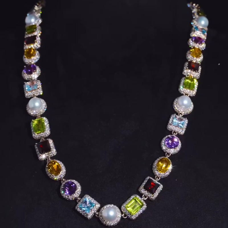97.6ctw Multi-Shape Cut Peridot Garnet Citrine Amethyst Blue Sapphire & Pearls Halo Rose Gold Men's Necklace