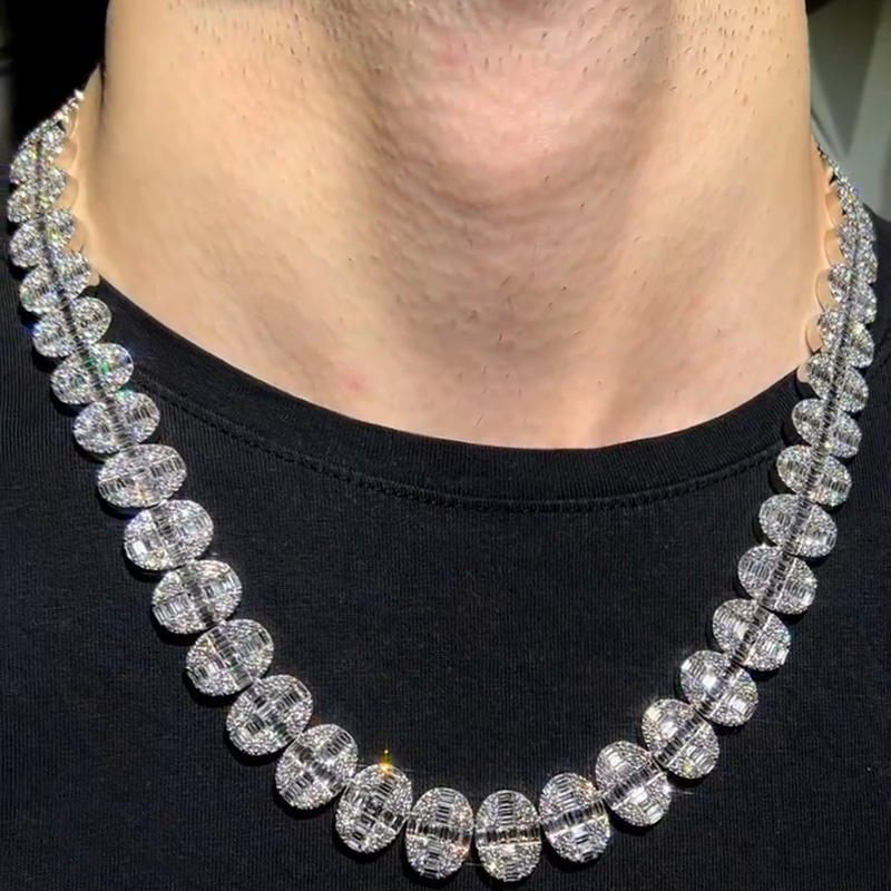20ct Round Cut & 36ct Baguette Cut White Sapphires Set In Oval Shape Handmade Men's Necklace