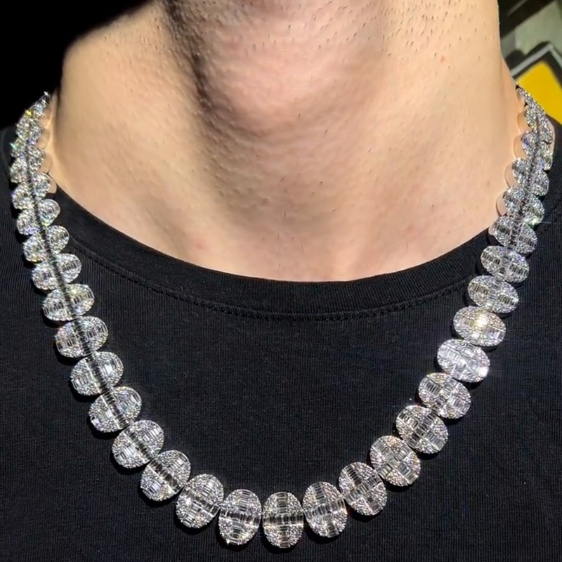 20ct Round Cut & 36ct Baguette Cut White Sapphires Set In Oval Shape Handmade Men's Necklace