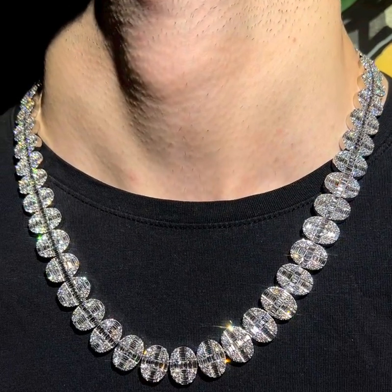 20ct Round Cut & 36ct Baguette Cut White Sapphires Set In Oval Shape Handmade Men's Necklace