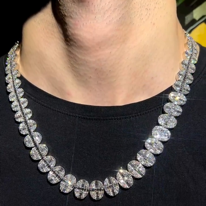 20ct Round Cut & 36ct Baguette Cut White Sapphires Set In Oval Shape Handmade Men's Necklace