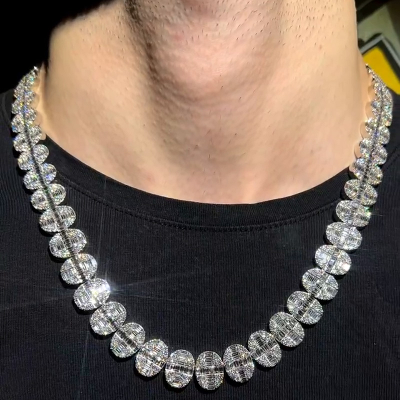 20ct Round Cut & 36ct Baguette Cut White Sapphires Set In Oval Shape Handmade Men's Necklace