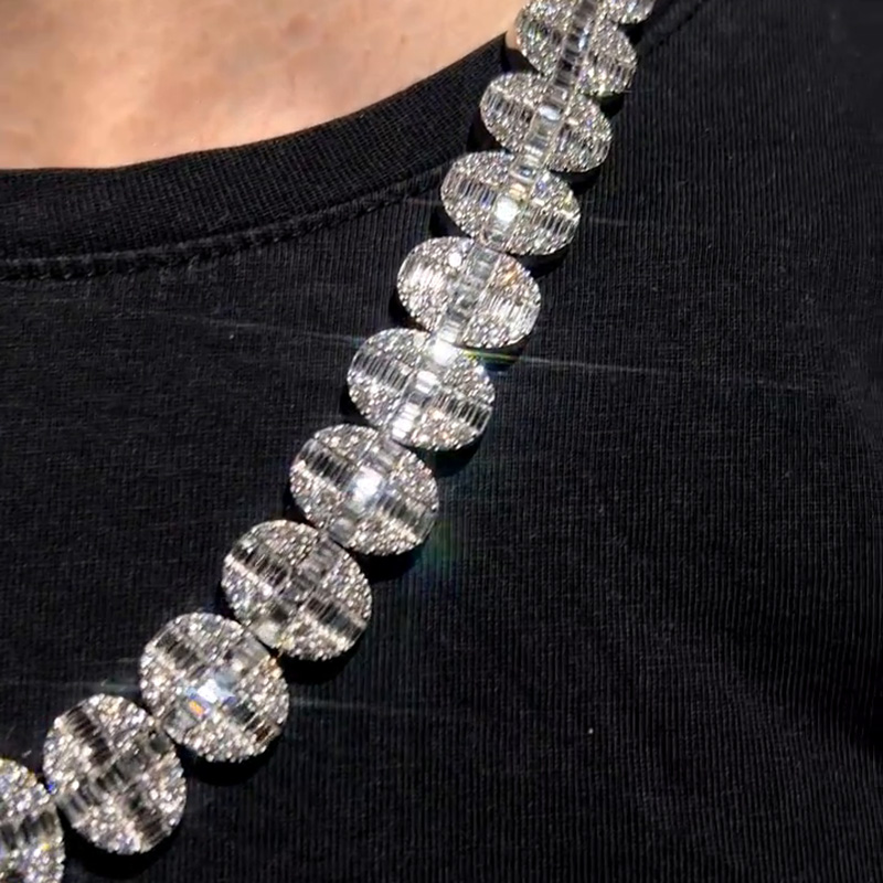 20ct Round Cut & 36ct Baguette Cut White Sapphires Set In Oval Shape Handmade Men's Necklace