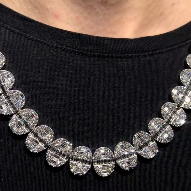 20ct Round Cut & 36ct Baguette Cut White Sapphires Set In Oval Shape Handmade Men's Necklace