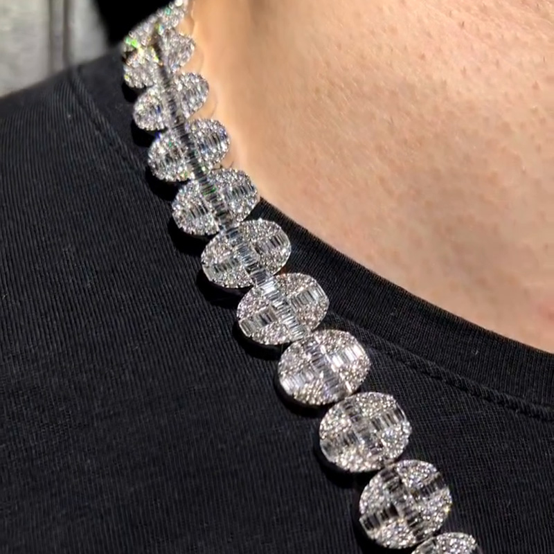 20ct Round Cut & 36ct Baguette Cut White Sapphires Set In Oval Shape Handmade Men's Necklace