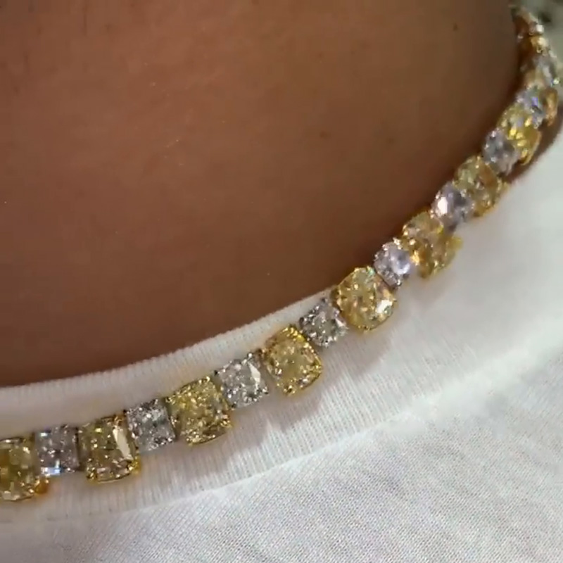 58ct Cushion Cut Yellow & White Sapphire Men's Yellow Gold Choker Necklace