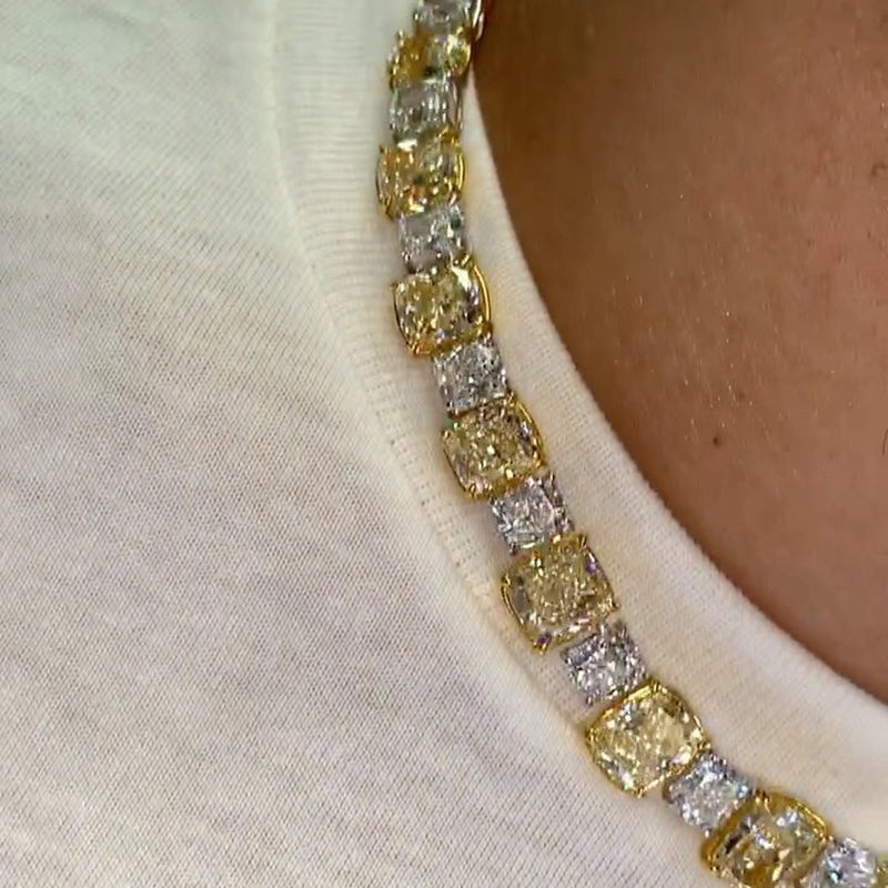 58ct Cushion Cut Yellow & White Sapphire Men's Yellow Gold Choker Necklace