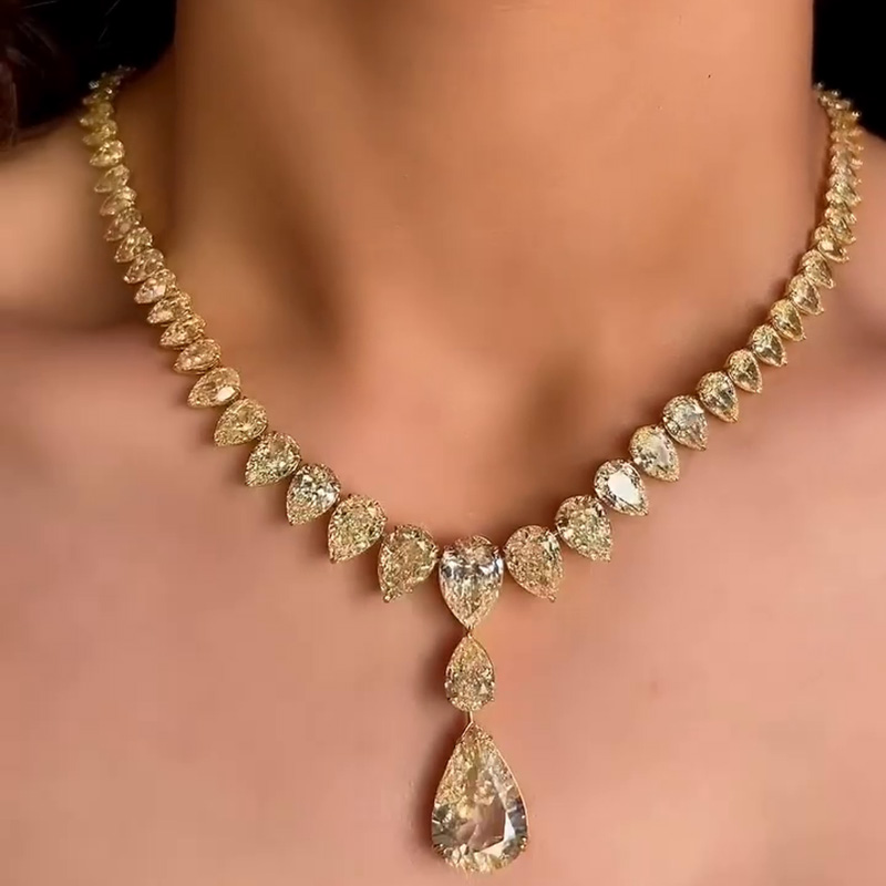60ctw Pear Cut Fancy Yellow Sapphire Handmade Rivière Necklace