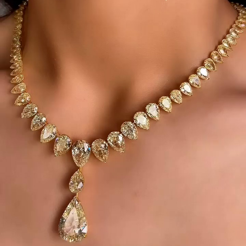 60ctw Pear Cut Fancy Yellow Sapphire Handmade Rivière Necklace