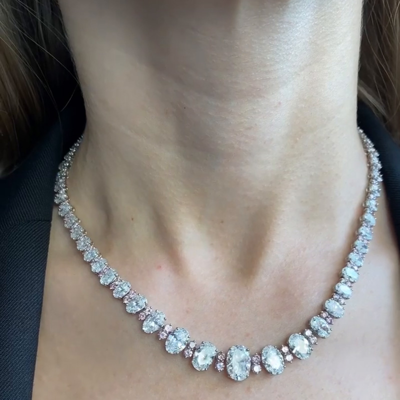 45ctw Oval Cut White Sapphire Alternate With Pairs Of Pink Sapphire Handmade Necklace