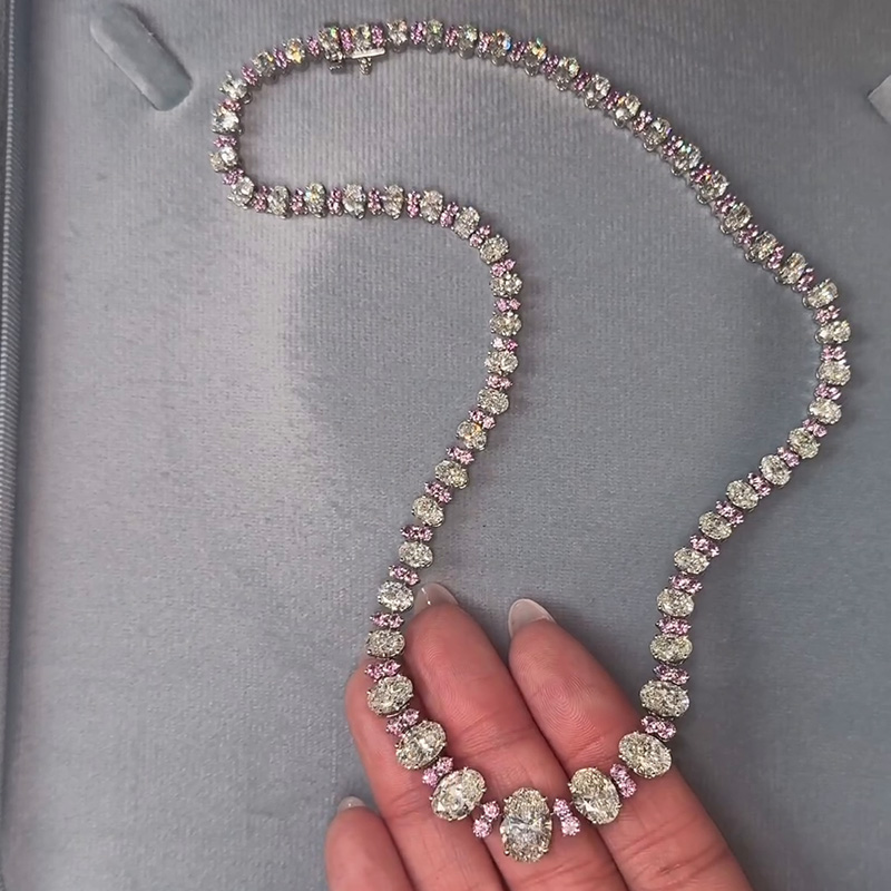 45ctw Oval Cut White Sapphire Alternate With Pairs Of Pink Sapphire Handmade Necklace