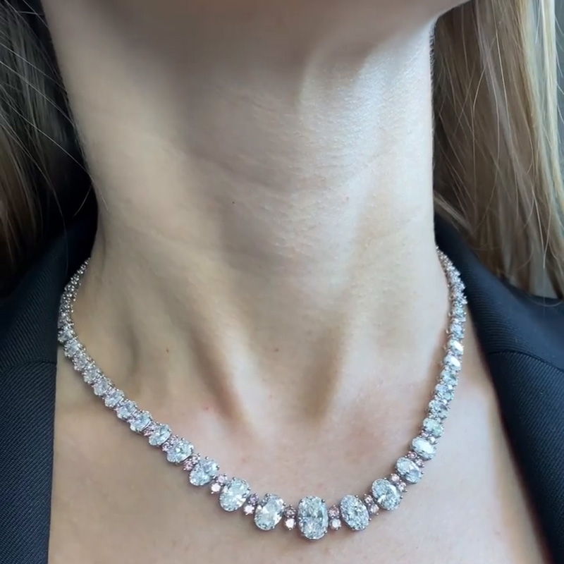 45ctw Oval Cut White Sapphire Alternate With Pairs Of Pink Sapphire Handmade Necklace