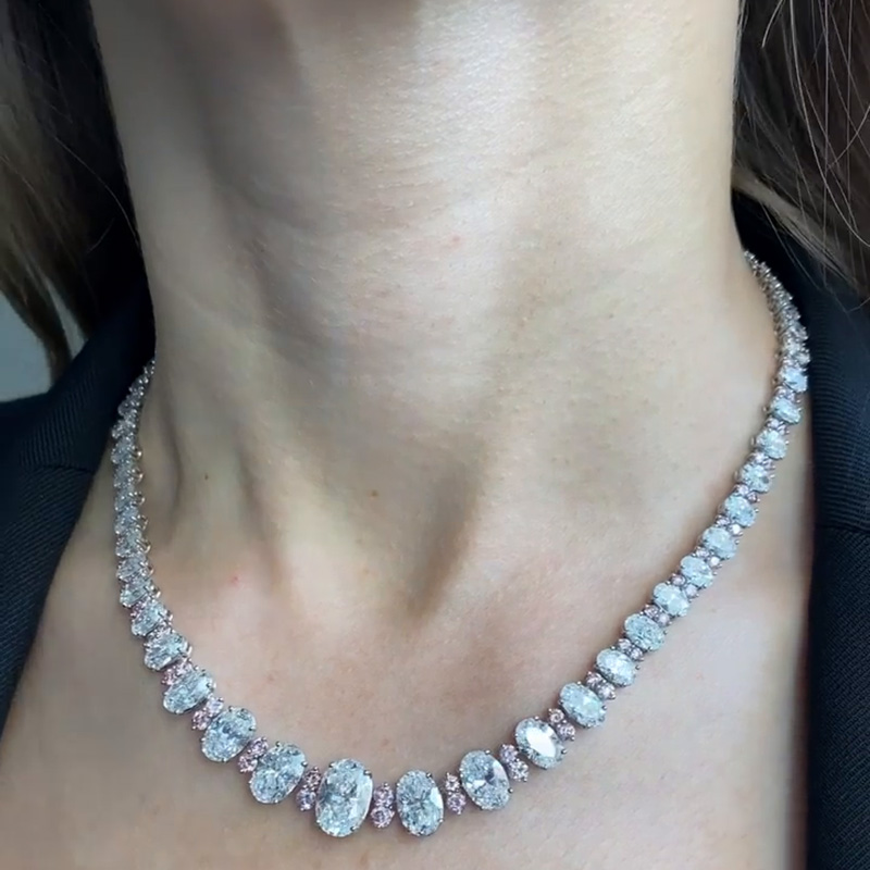 45ctw Oval Cut White Sapphire Alternate With Pairs Of Pink Sapphire Handmade Necklace