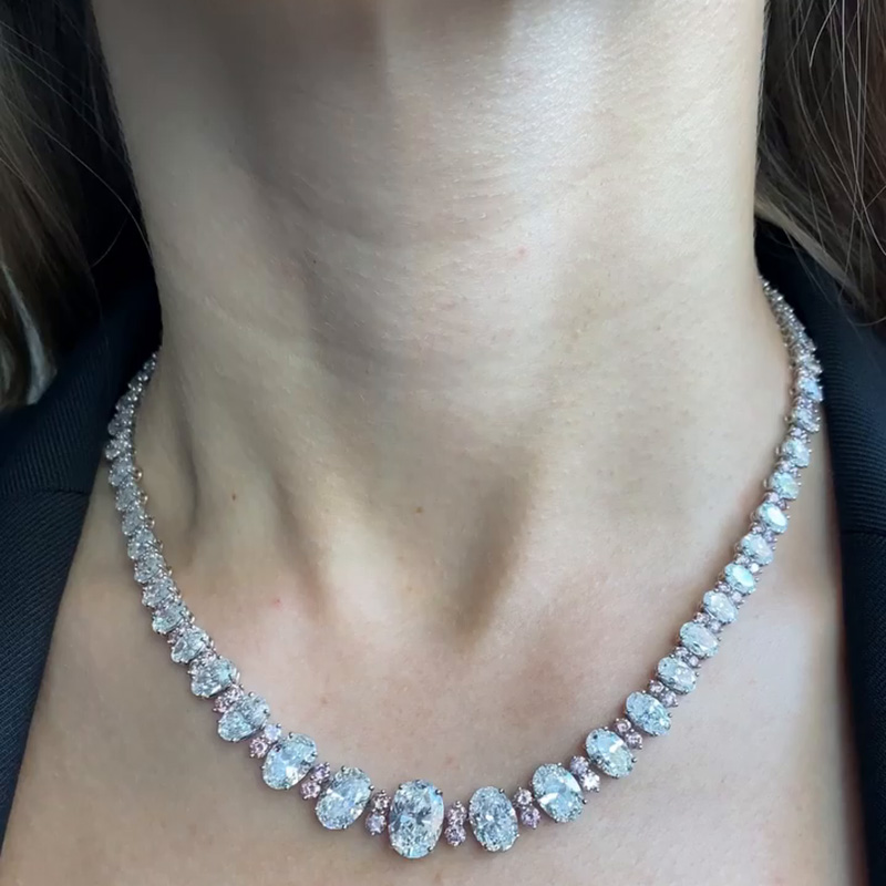 45ctw Oval Cut White Sapphire Alternate With Pairs Of Pink Sapphire Handmade Necklace